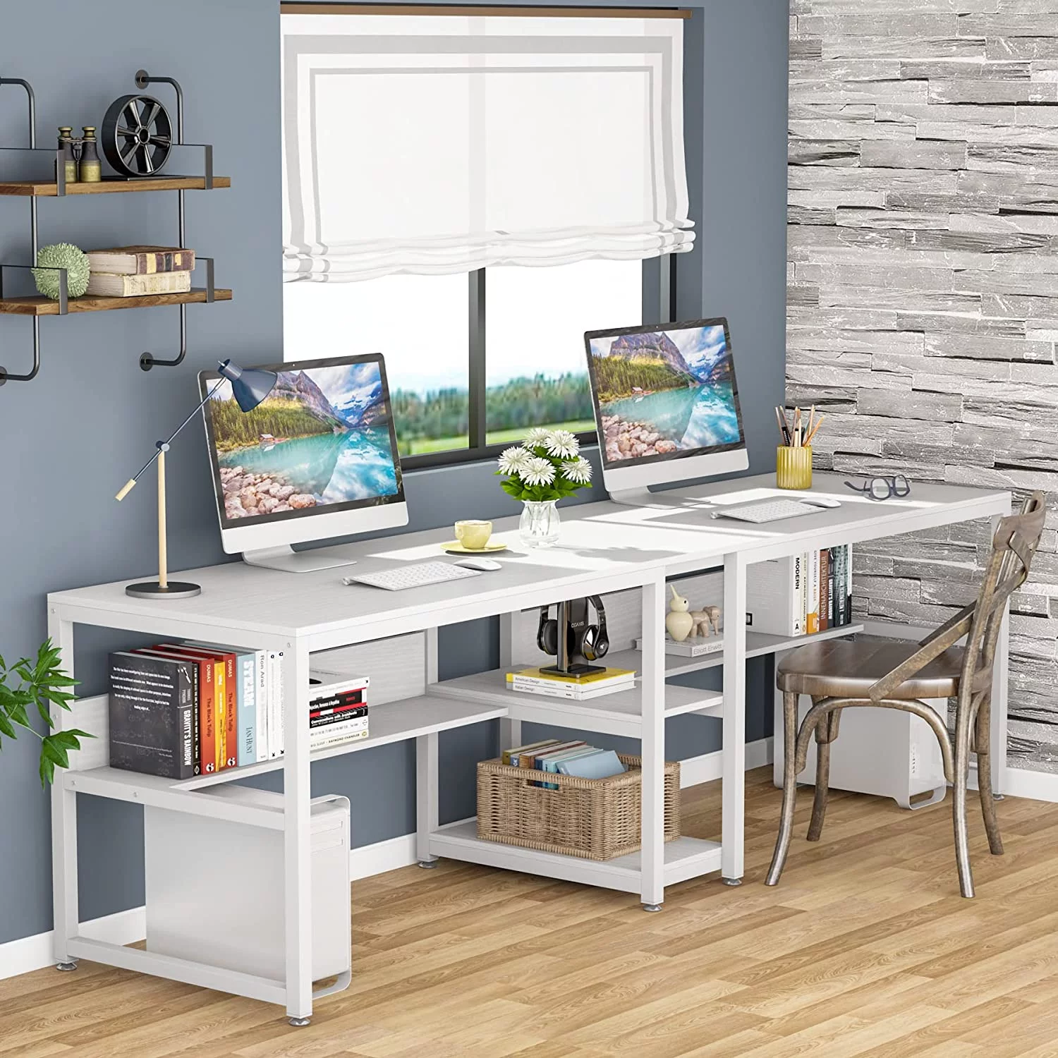 Tribesigns Double Computer Office Desk with 2 Ter Storage Shelf, Modern White Training Table