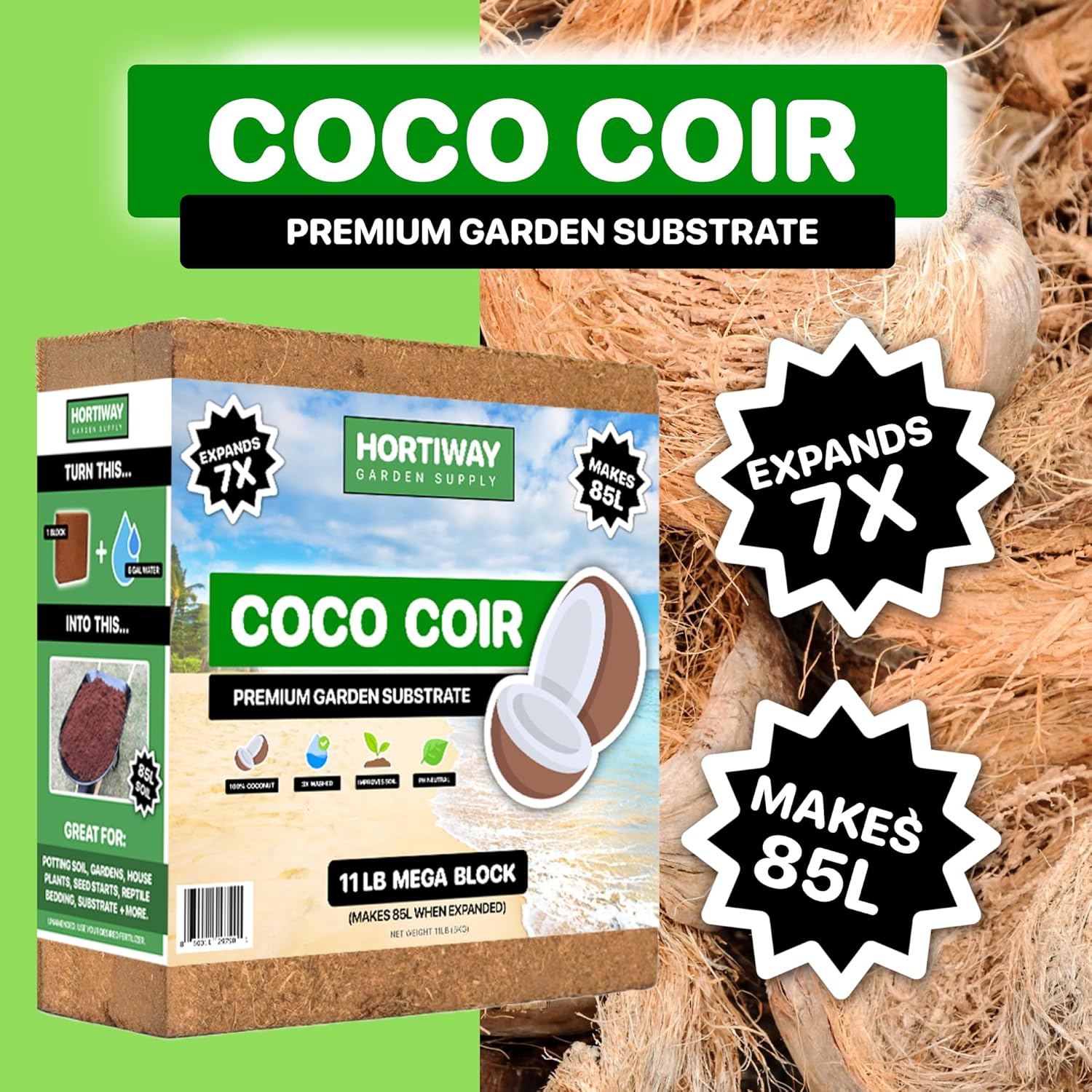 11lbs Premium Coco Coir Brick -100% Organic Coconut Coir for for Plants, Low EC & pH Balance, Natural Compressed Growing Medium