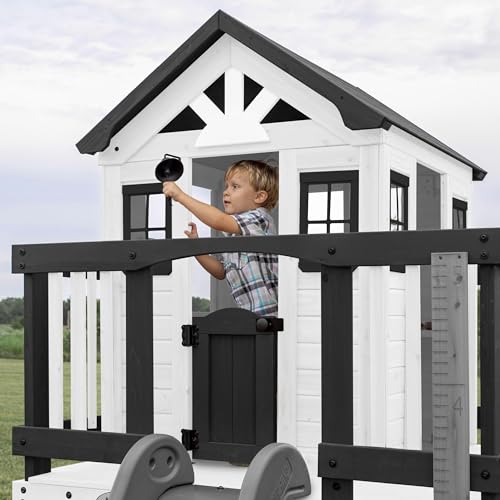 Backyard Discovery Beacon Heights Elevated Cedar Playhouse, Play kitchen, Powered Blender, Working Bell, 6 ft Wave Slide, Wrap-Around Deck