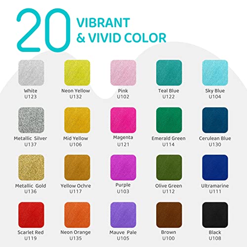 Fabric Paint Set for Clothes, 20 Colors(60ml/2oz Each) Permanent Textile Paint with 6 Brushes, 1 Palette, Washable Fabric Paint