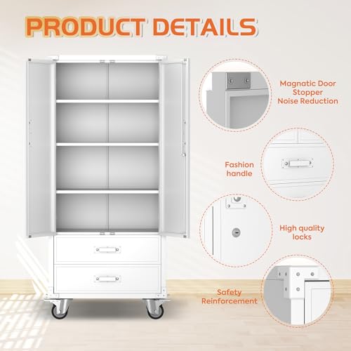 Aobabo 71" H×32" W×16" D Metal Storage Cabinet with Wheels, Garage Steel Storage Cabinet with 5 Adjustable Shelves and 4 Hooks for Home Office