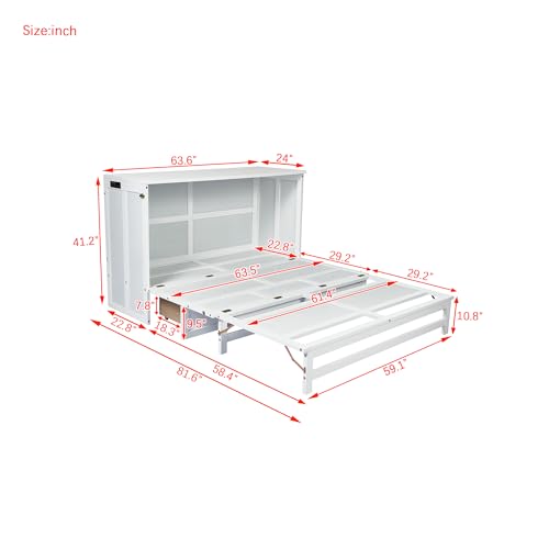 Queen Murphy Bed with Desk and Removable Shelves on Each Side, Murphy Bed Chest Murphy Bed Frame w/USB Port for Home Office, Studio or Guest Room