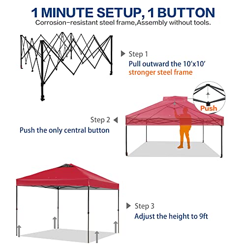10'x10' Pop Up Canopy Tent with 1 Sidewall and 6 Pockets, One Push Setup, Instant Shade Tent with Vented Roof for Beach Patio Outdoor, Case, 8 Stakes