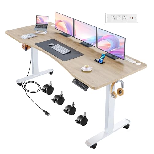 Electric Standing Adjustable Height Desk 55'' x 24''Sit Stand Desk with Charging Station, 2 USB Ports, 3 Power Outlets, 4 Caster