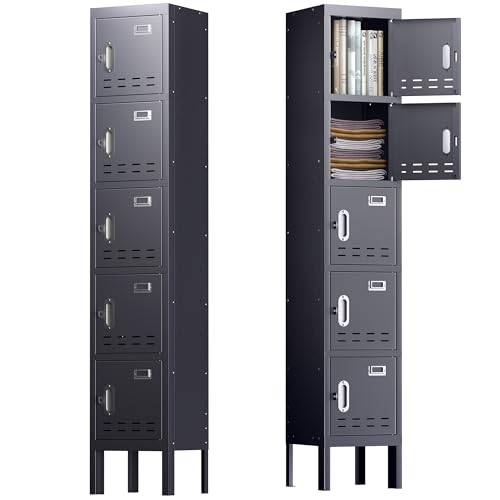 Locker Metal Storage Cabinet, Steel Office Storage Lockable Lockers for Employees Kids School Gym Home Garage Locker with Mirror & Hooks (5 Doors