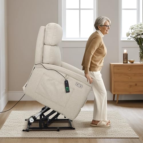 MCombo Power Lift Recliner Chair with Massage and Dual Heating, Adjustable Headrest, Extended Footrest for Elderly People, Fabric R7605 (Dark Grey)