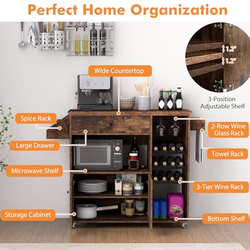 Rolling Kitchen Island with Drop Leaf & Power Outlet, Microwave Cart with Storage Cabinet, Drawer, Wine & Cup Holder, Spice & Towel Rack