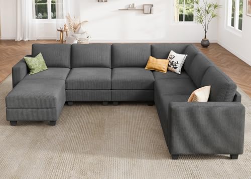 HONBAY Corduroy Modular Sectional Couch with Storage L-Shaped Sectional Couches for Living Room 6 Seater Modular Sofa, Dark Gray