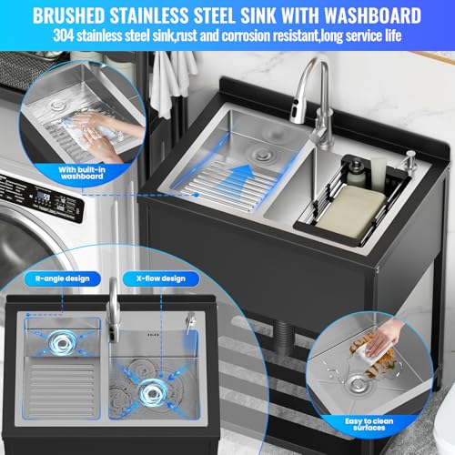 Stainless Steel Utility Sink, 30.8" × 22" × 39.5"Freestanding Sink with Cold and Hot Water Faucet,Hoses and Drain Kit for Kitchens, Bathrooms, Garage