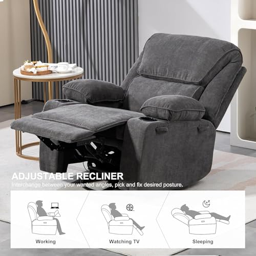Rocker Recliner Chair with Massage and Heated, 360°Swivel Rocking Chairs with Cup Holders Remote Control for Living Room (Gray Oatmeal)