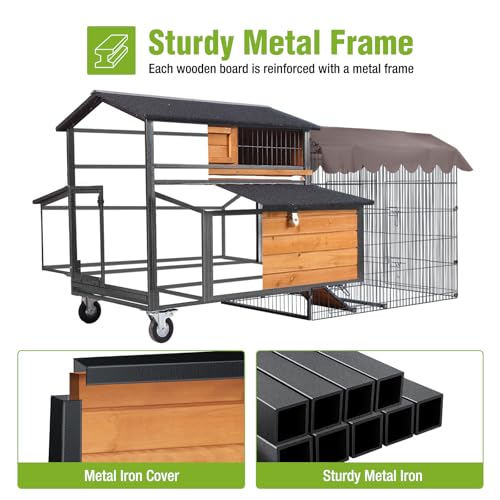 GUTINNEEN Mobile Chicken Coop Upgraded with All Arounded Metal Frame Large Hen House with Super Large Wheels for 6&ndash;8 Chickens, 6 Nesting Boxes