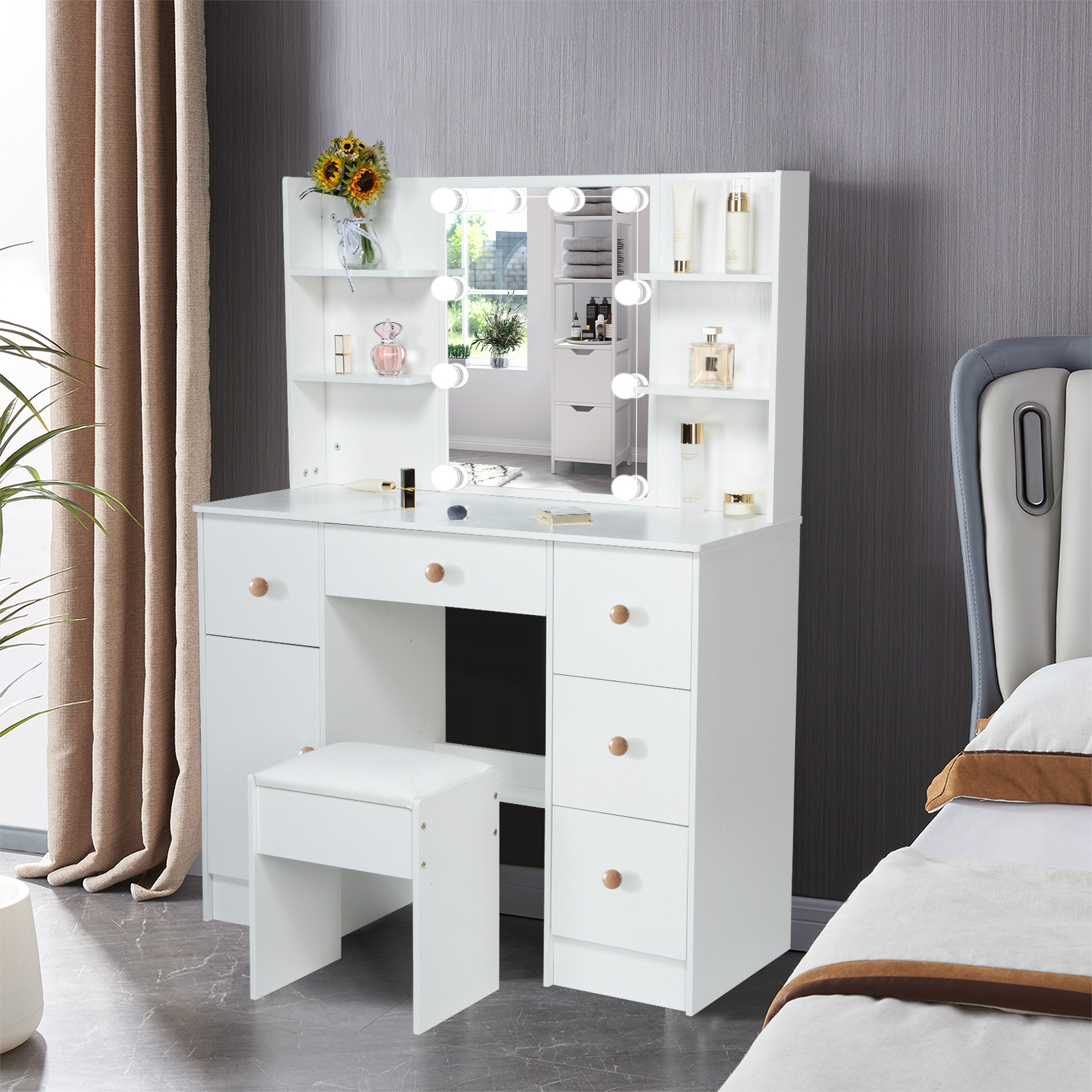Yamissi Makeup Vanity with Cushioned Stool Vanity Set with Mirror and Lights for Bedroom Small Dresser, White