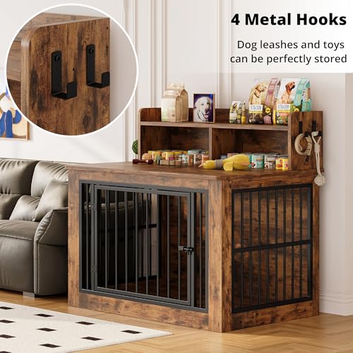 IRONCK Extra Large Dog Crate Furniture, 43.3 inches Wooden Dog Crate with Storage and 4 Hooks, Heavy Duty Pet Crate for Large Dog