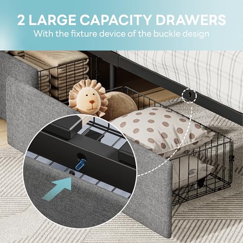 LIKIMIO Twin Bed Frame with 2 Storage Drawers, Charging Station & LED Lights, Upholstered Platform Twin Bed with Storage Headboard