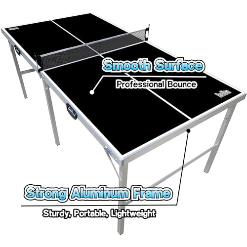 PartyLife 6 ft x 3 ft Ping Pong Table Tennis Table | Mid-Size Portable Folding Indoor Outdoor Ping Pong Table Tennis Table w/Optional LED Lights |