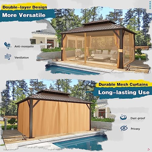 MELLCOM 10'x13' Hardtop Gazebo with Polycarbonate Double Roof, Aluminum Frame Outdoor Gazebo Permanent Pavilion with Curtains and Netting for Patio