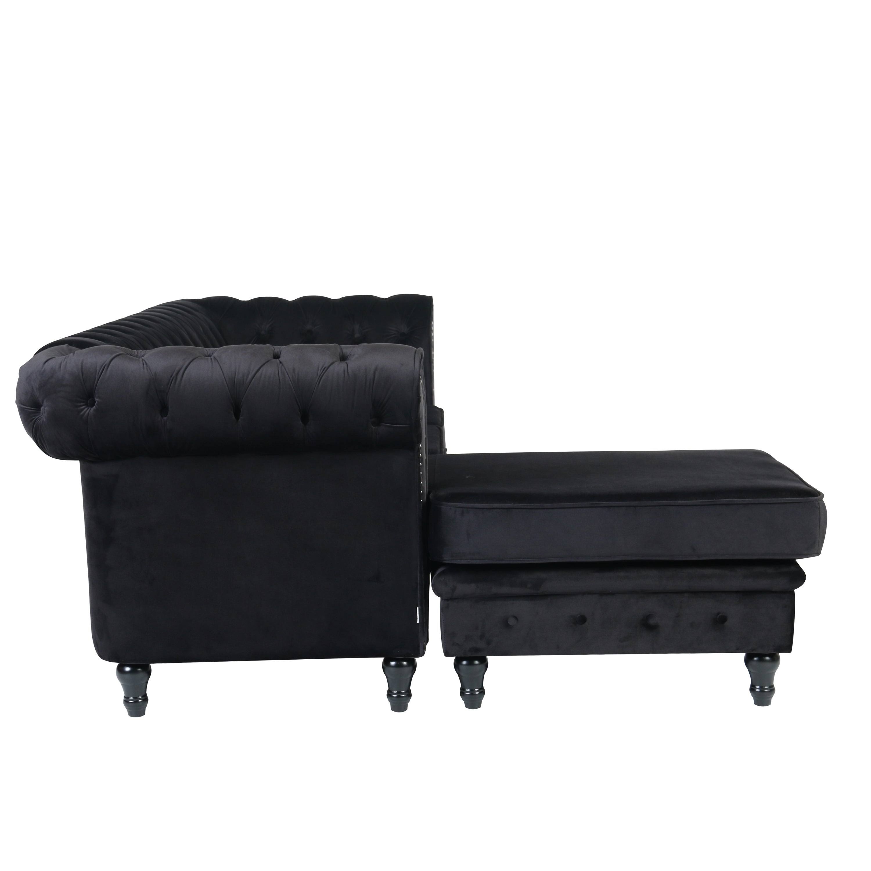 Velvet Chesterfield Rolled Arm Sofa with Ottoman Red
