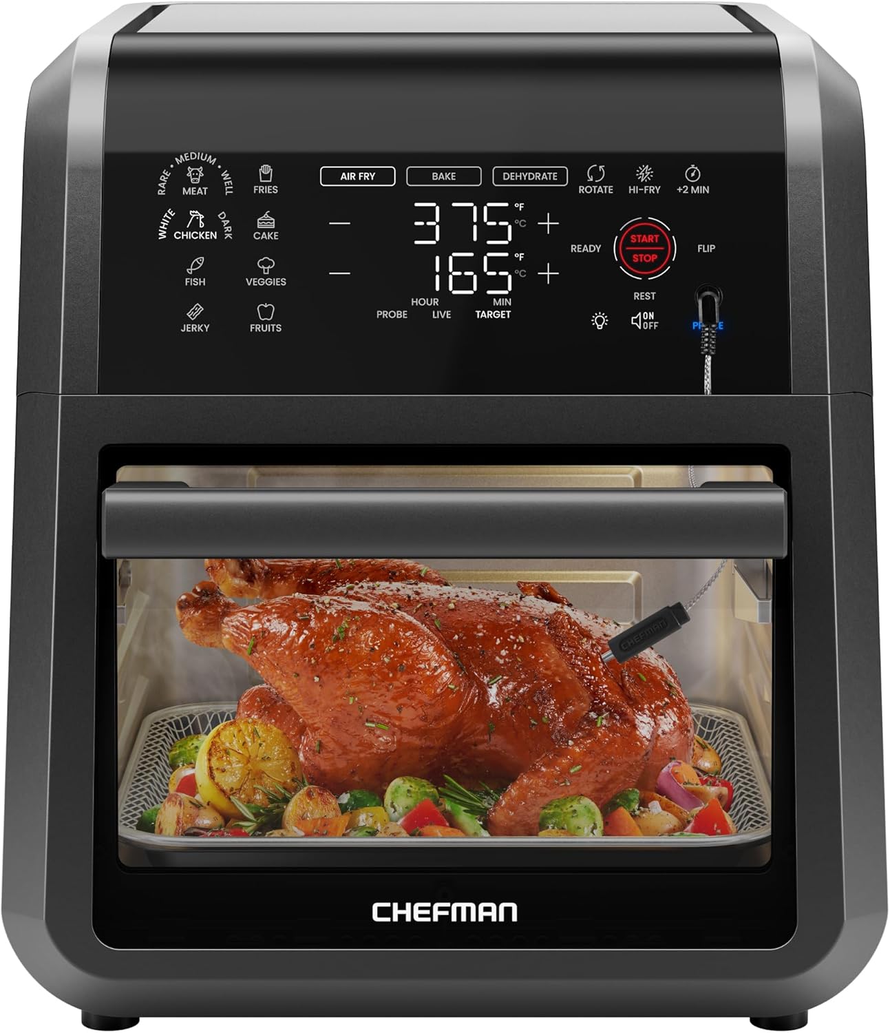 CHEFMAN ExacTemp™ 12 Quart 5-in-1 Air Fryer with Integrated Smart Cooking Thermometer, 28 Touchscreen Presets, Rotisserie, Dehydrator, Bake