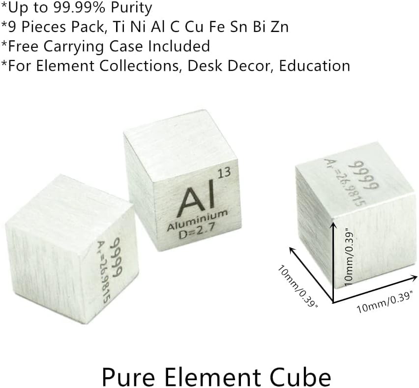 9 PCS Element Cube Set 10mm Density Cubes Up to 99.99% Pure Daily Metal Cubest Titanium Bismuth Carbon Nickel Iron Copper Zinc Aluminium Tin for