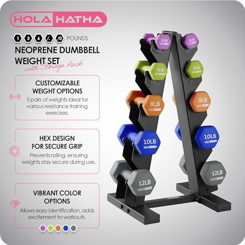 HolaHatha Neoprene Dumbbell Free Hand Weight Set with Rack, Ideal for Home Exercises to Gain Tone and Definition