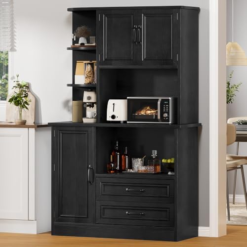 DWVO Kitchen Pantry Storage Cabinet, 64" H Kitchen Hutch Cabinet with Power Outlet, Sliding Racks with Door