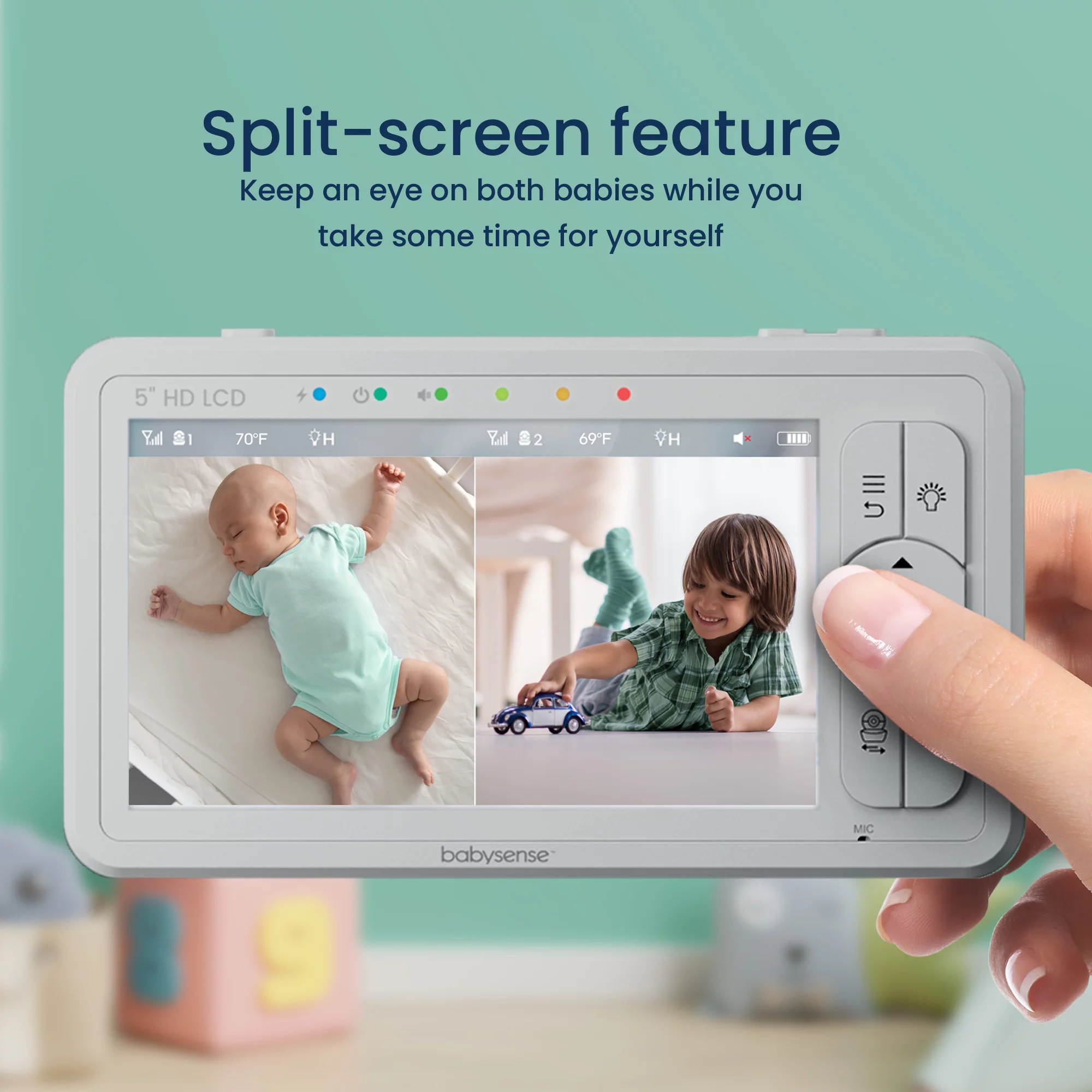 Babysense HD Baby Video Monitor Split Screen, 5" HD Display with 2 Cameras, Night Light, Non-Wi Fi, Pan Tilt Zoom, HDS2