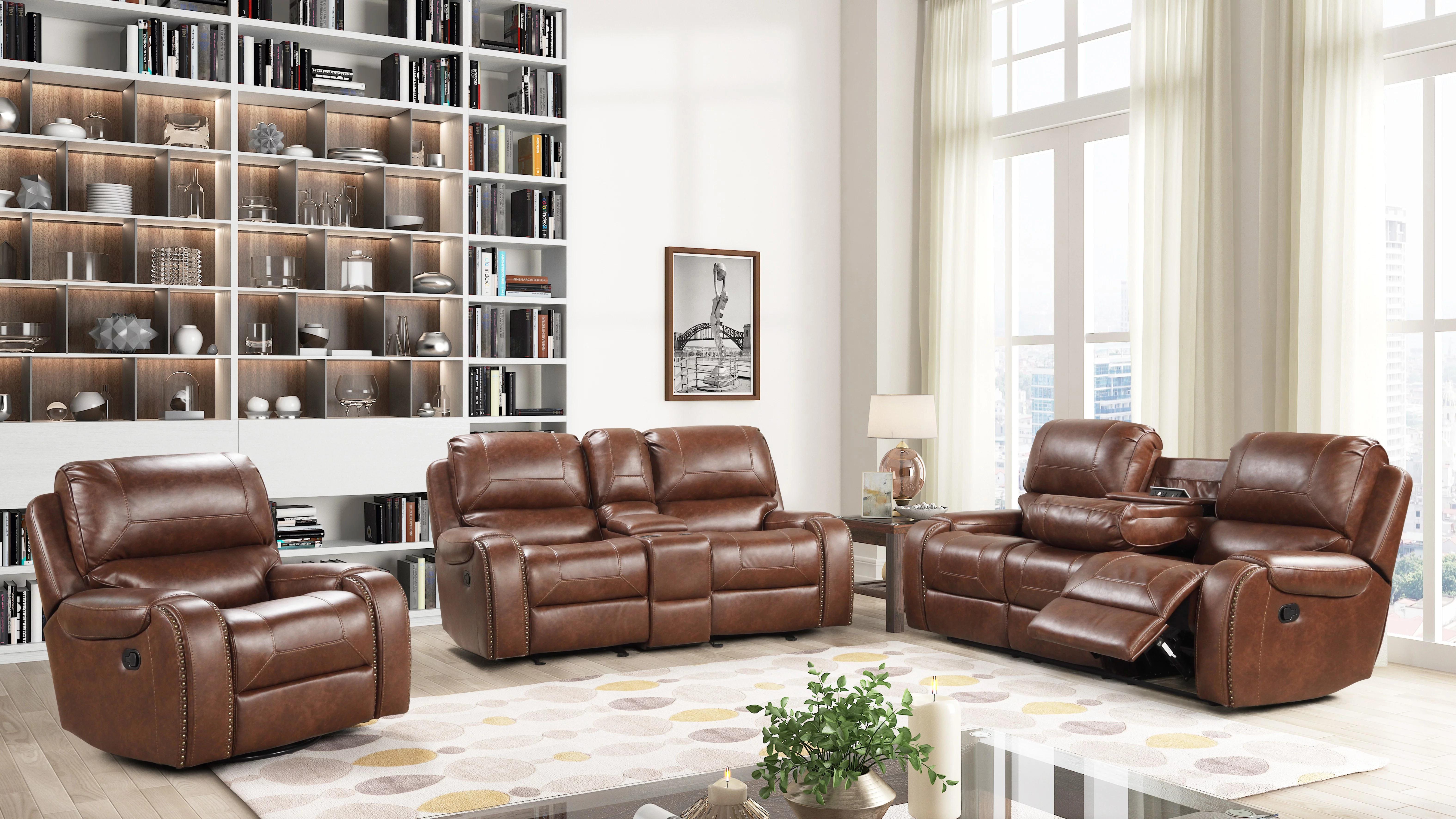 Roundhill Furniture Achern Brown Leather-Air Nailhead Manual Reclining 3-Piece Sofa Set - Radiant Selections