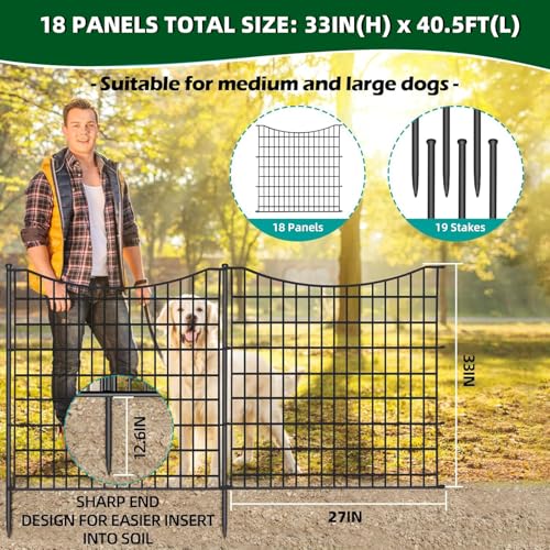 18 Panels No Dig Decorative Fence with Gate, 33 in(H) X 40.5 ft(L) Tall Garden Fence Animal Barrier, Rustproof Metal Wire Edging Border