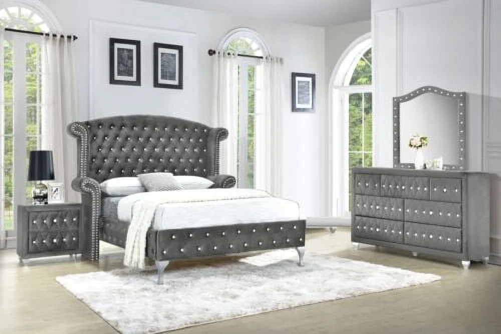 Modern 5Pc King Size Bed Dresser Mirror Nightstand Set Master Bedroom Furniture Gray Velvet