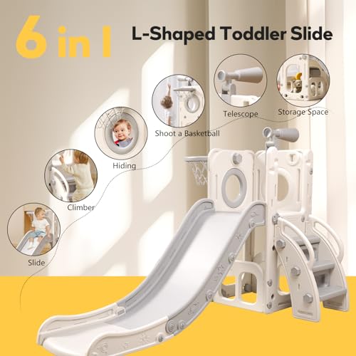 6 in 1 Toddler Playset with Slide, Kids Slide with Basketball Hoop, Ball, Ring Toss, Indoor Outdoor Toys (White Grey)