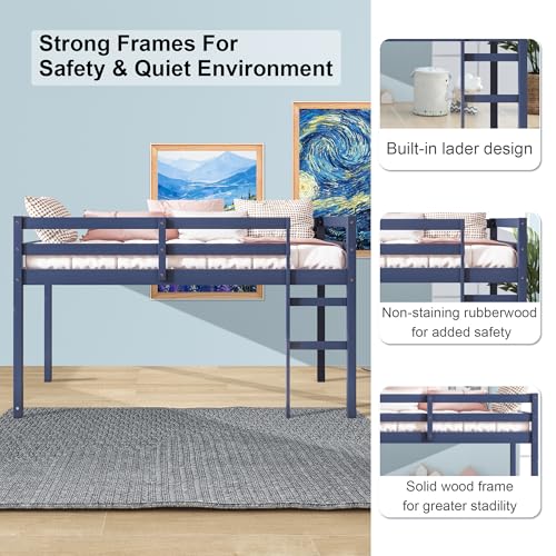 Low Loft Bed Twin Size, Kids Solid Wood Modern Loft Bed Frame with Ladder and Safety Guardrail for Girls Boys, Noise-Free,Non-Toxic Finishes