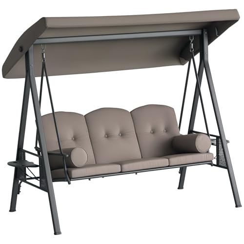 Outsunny 3-Seat Patio Swing Chair, Outdoor Porch Swing Glider with Adjustable Canopy, Removable Cushion, Pillows and Side Trays, for Garden, Poolside