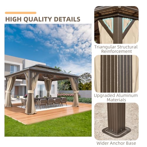 YOLENY 10'x13' Hardtop Gazebo, Outdoor Polycarbonate Double Roof Canopy, Aluminum Frame Permanent Pavilion with Curtains and Netting
