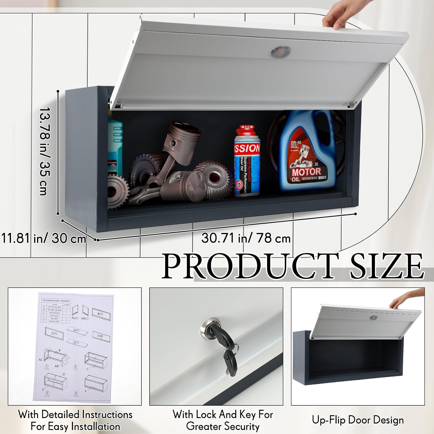 2 Pcs Metal Wall Cabinets Small Wall Mounted Cabinet Lockable Storage Cabinet with Up Flip Door Wall Steel Hanging Upper Cabinet for Garage Kitchen