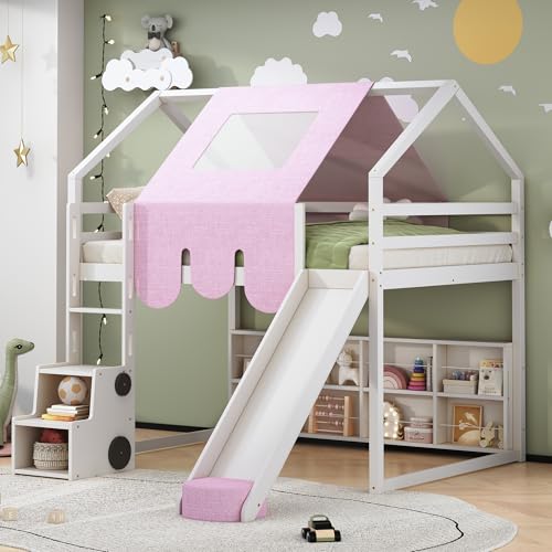 Harper & Bright Designs Kids Twin Low Loft Bed with Slide and Storage Shelves, Wood Playhouse Loft Bed Frame with a Tent & Stairs