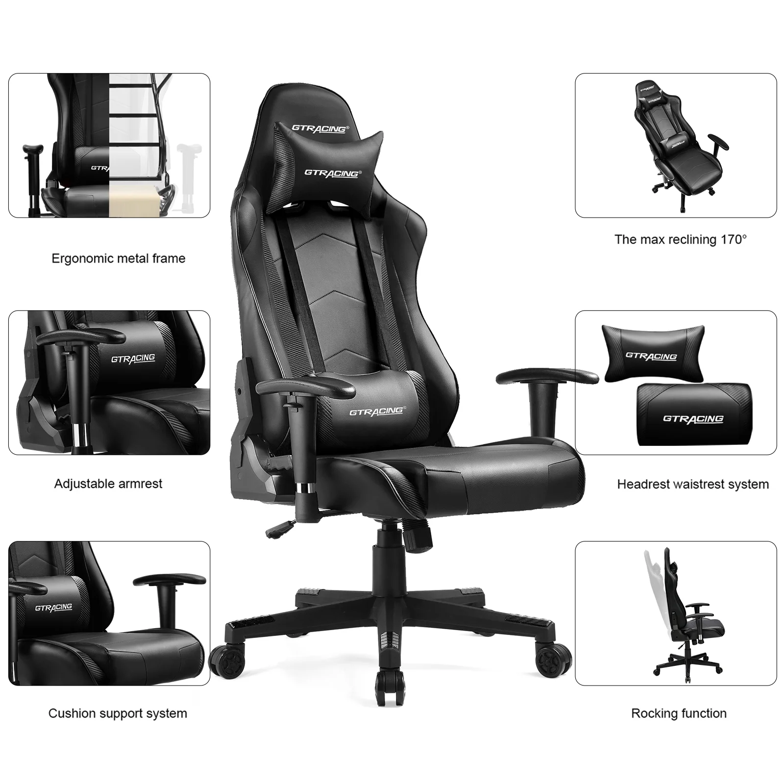 GTRACING Gaming Chair Racing Office Computer Ergonomic Video Game Chair Backrest and Seat Height Adjustable Swivel Recliner with Headrest and Lumbar
