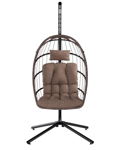 SWITTE Egg Chair Outdoor with Stand, Indoor Wicker Hanging Egg Swing Chair with Cushion, 350lbs Capacity for Patio, Bedroom, Garden - Gray