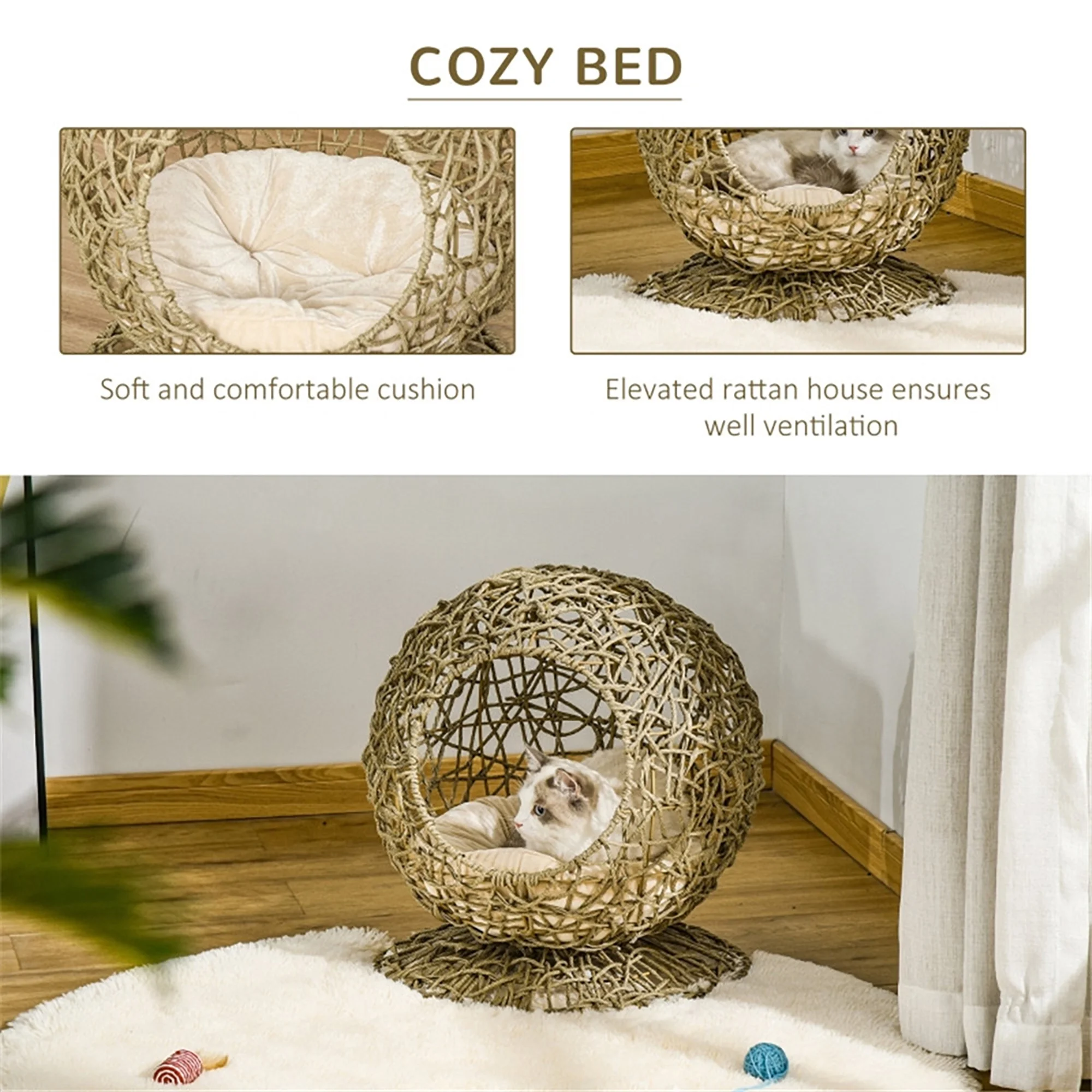 Glavbiku Rattan Elevated Cat Bed Kitty Condo with Soft Cushion,Wicker and Round Base, Brown