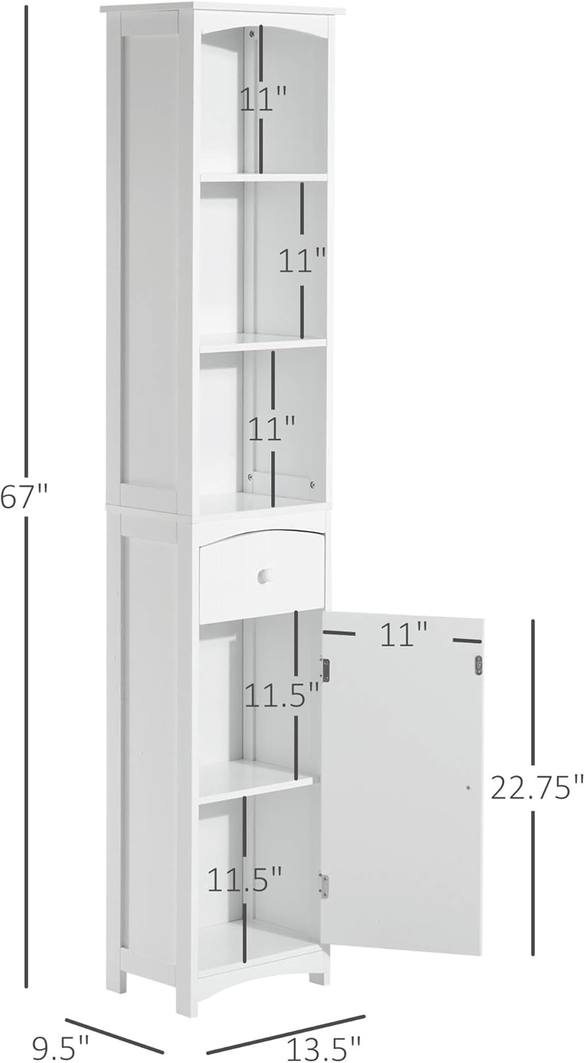 HOMCOM 67 Tall Bathroom Storage Cabinet, Freestanding Linen Tower with 3-Tier Shelf, Drawer and Cupboard, Narrow Side Floor Organizer, White