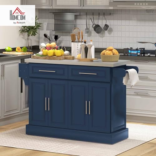 HOMCOM Rolling Kitchen Island Cart with Wheels, Portable Island Table for Kitchen with Stainless Steel Top, Adjustable Shelves, 2 Drawers, Spice
