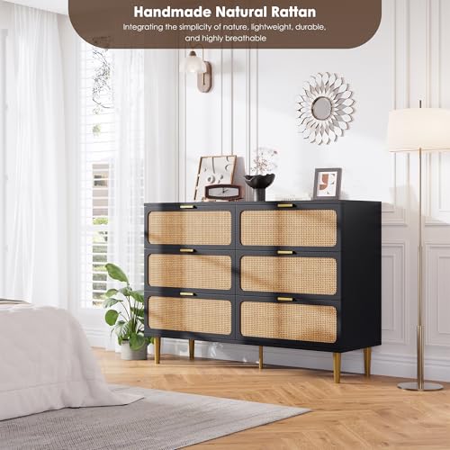 Rattan 5 Drawer Dressers for Bedroom, Tall Dresser with Deep Drawers, Large Chest of Drawers for Closet with Wide Top