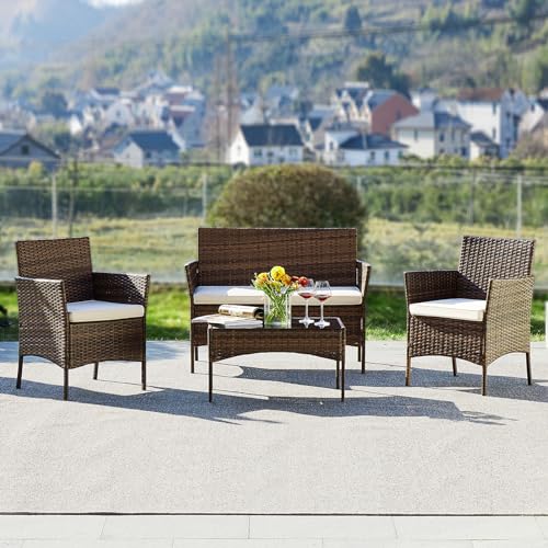 DUMOS Patio Furniture Set 4 Pieces, Outdoor Wicker Furniture with Coffee Table, Modern Rattan Patio Chairs Conversation Sets with Sofa for Garden