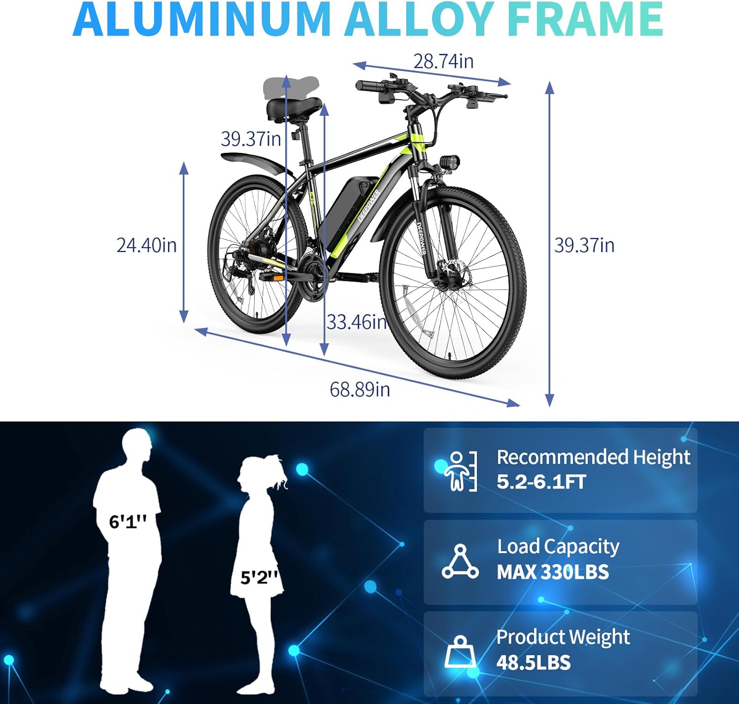 DEEPOWER S26 Electric Bike for Adult 500W Ebike 26" Mountain Electric Bicycle 48V 12.8Ah Battery 25-45Miles 25MPH Electric Bicycles 21-Speed Front