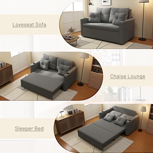 3 in 1 Pull Out Couch, 56 Inch Convertible Sleeper Sofa Bed, Loveseat Sofa with Cup Holders, USB, Sofa Couches for Living Room, Bedroom, Apartment