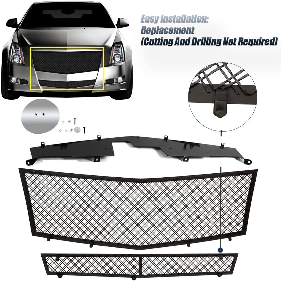 Compatible with 2008-2013 Cadillac CTS Stainless Steel Mesh Grille Grill Insert Combo (Not For CTS-V or model with Adaptive Cruise Control) (chrome