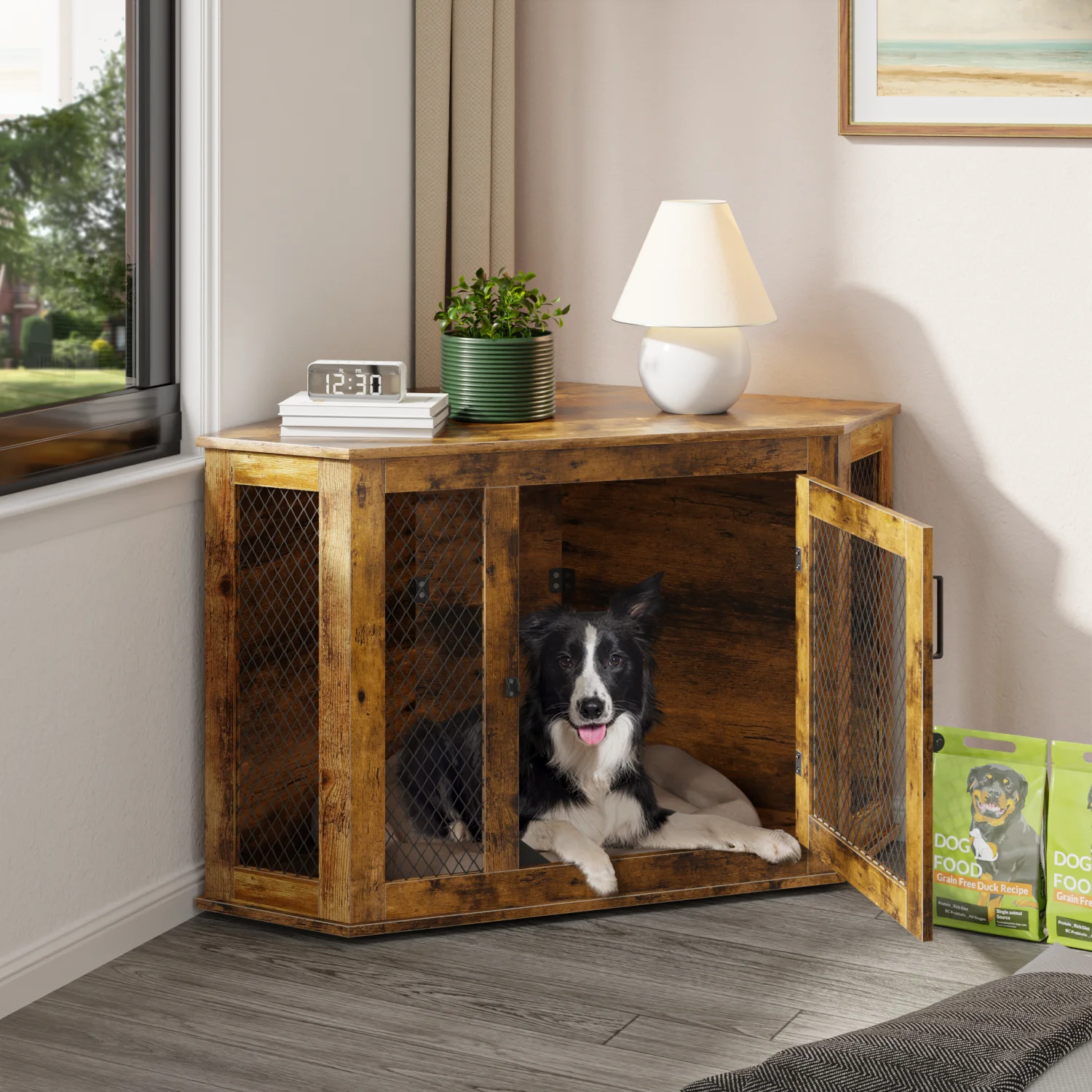 Bossin 44"Corner Dog Crate Furniture，Wooden Dog Kennel Indoor Furniture，Decorative Dog Crate