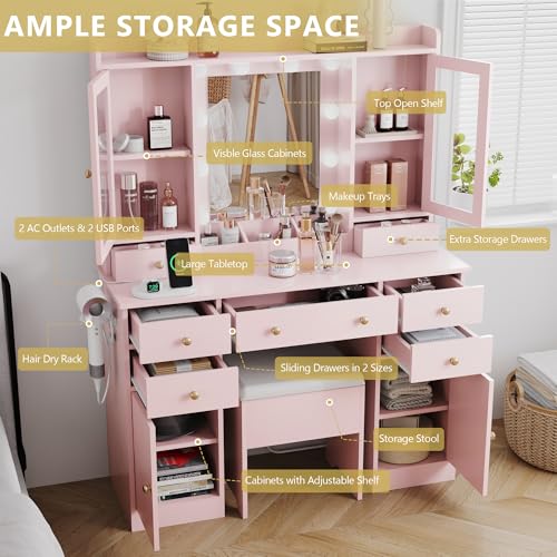 Makeup Vanity Desk with Mirror and Lights, White Vanity Table Set with Storage Drawers, Charging Station, Cabinets & Chair