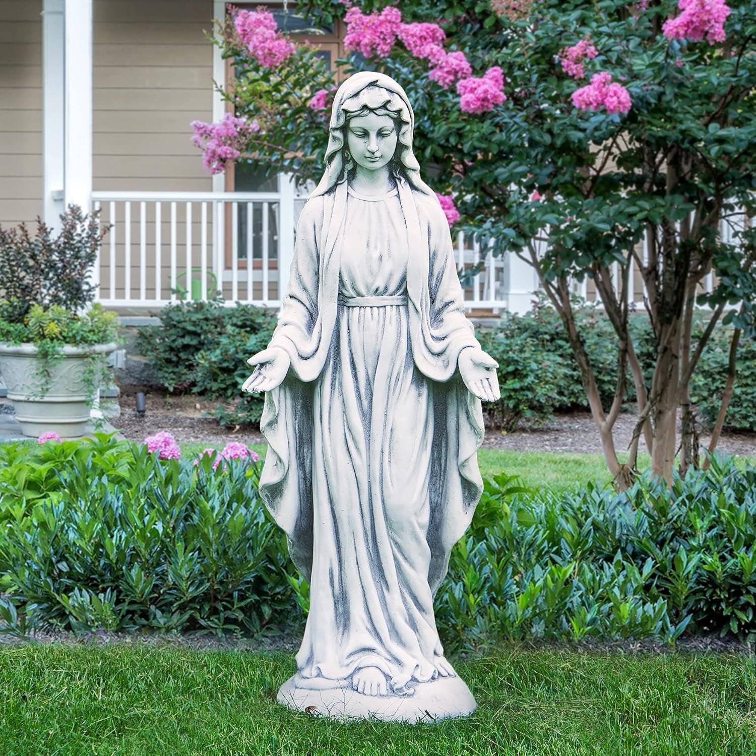 Virgin Mary Statue 29.9” Tall Religious Large Garden Statue Art Décor Blessed Mother Outdoor Statues for Garden in Magnesium Oxide Stone for Garden