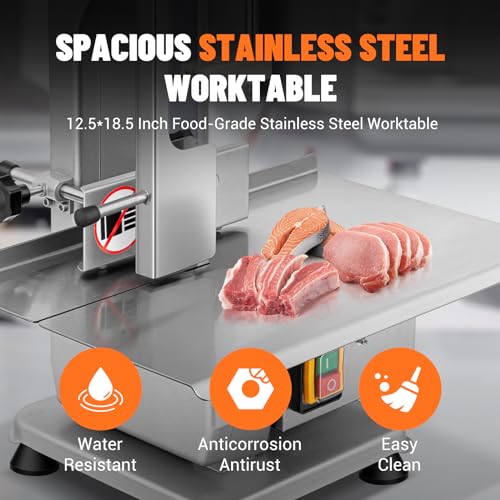 Commercial Electric Meat Saw, 750W Bone Saw For Butchering,110V Meat Bandsaw, Bone Cutting Machine with 2 Saw Blades,0.39-4.3 Cutting Thickness
