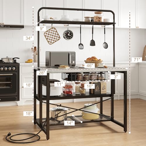 46" Large Kitchen Island Table Baker Rack with Power Outlet and 3-Tier Storage-Microwave Stand Oven Shelf, Metal Coffee Bar Table